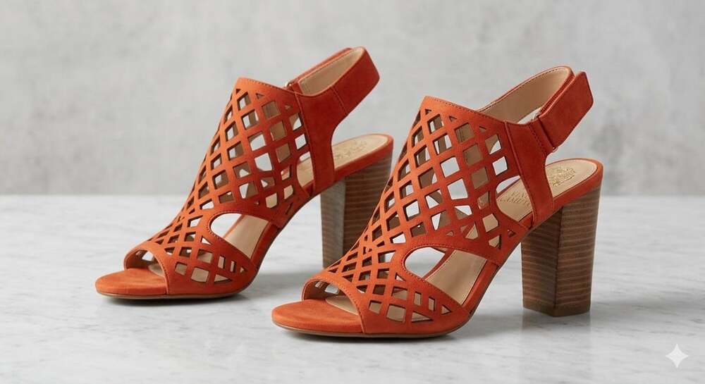 Vince Camuto VC-Deverly Candied Yam Elko Nubuck Cutout Block Heel Sandals 9.5M